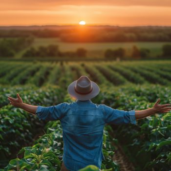rear view of farmer with outstretched arms on green corn field.